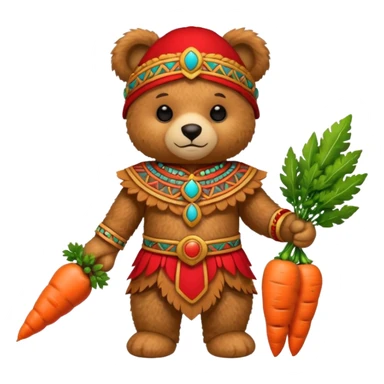teddy bear, wearing red mayan ancient custome, with carrot half body sticker