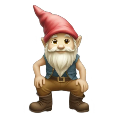 side view of gnome with light tan pants and boots squatting above tiny brown log sticker