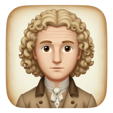 Rousseau, accurate to 18th-century paintings, light hair in curls, high forehead, brown eyes, wearing a tan coat and white shirt sticker