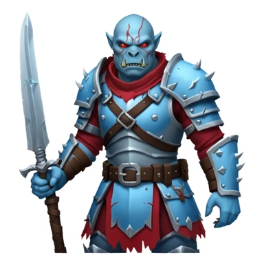 Fantasy Christmas orc legion soldier icon, iron tundra army theme, heavy winter armor, disciplined brutal look, cold steel armor cracked with frozen crimson lines, bloodfrost effect, icy blue and dark red color palette, minimal clean emoji style sticker