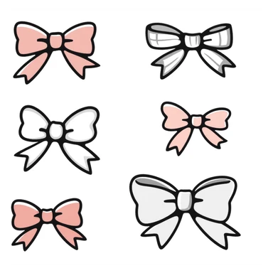 cute bows in various shapes and sizes in pastel colors dd9fb0, ffc6d3, a3bfc9, c4bee2, f1b091, hand-drawn doodle style sticker