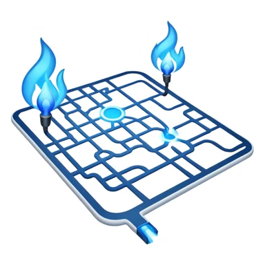 a map with a glowing blue flame on the x and networking paths sticker