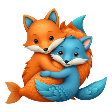 One orange fish and one teal blue fox, that are hugging or cuddling each other sticker
