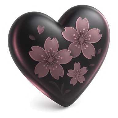 goth sakura heart, 3D glass style, black heart with translucent pink sakura, shiny and elegant sticker