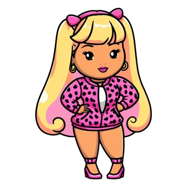 Nicki Minaj wearing pink and white leopard print outfit with half blonde half pink hairstyle with bangs sticker