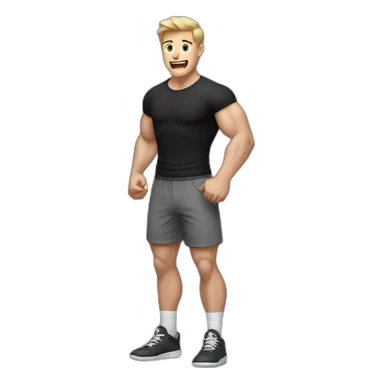 amazed Open with surprise mouth Pale skinned Fit Man With the biceps and dark brown hair in black shirt, gray sports shorts and white Sneakers sticker