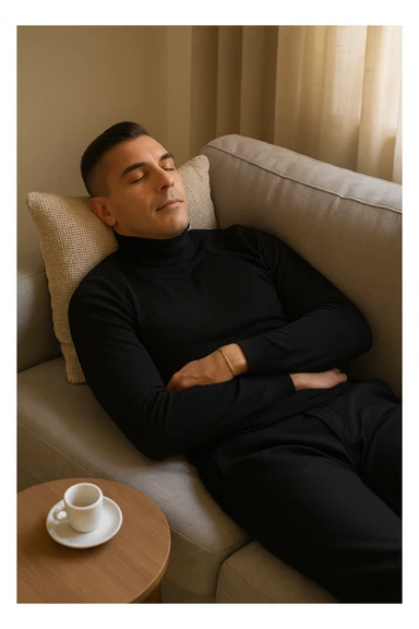 Uomo adulto in abiti casual in un ambiente domestico o ufficio tranquillo, mentre beve un caffè espresso con espressione consapevole. Subito dopo, si sdraia su un divano per un breve riposo di 20 minuti, occhi chiusi, posizione rilassata. La stanza è luminosa ma tranquilla, luce pomeridiana morbida che filtra dalla finestra. Atmosfera rigenerante e silenziosa. Accanto a lui, una tazzina vuota. Il suo viso appare calmo, in attesa del recupero energetico sticker