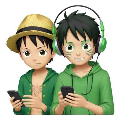 Green Luffy and green Alastor listening to music together sticker