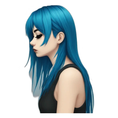 Side profile sad emo girl, black makeup, long choppy blue hair side bangs sticker