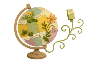whimsical cottagecore globe with ethernet, globe as patchwork of fabric and lace with wildflowers and moss, ethernet cable as curling vine, cozy rustic homey style sticker