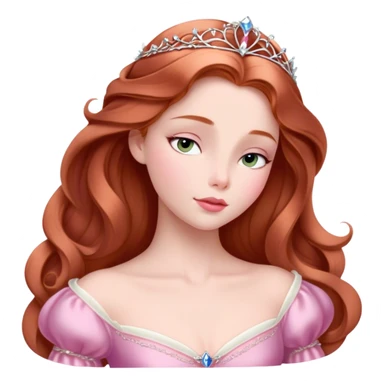 Cinematic Elegant Sleeping Beauty Portrait Emoji, rendered in a realistic, vector-style with minimal shading and bold, simplified shapes. Depict Aurora (Sleeping Beauty) (chest and above) with delicate porcelain skin, soft auburn hair styled gracefully, and gentle, dreamy eyes, dressed in her classic pink gown. The image glows with a soft, enchanting radiance and high shine, capturing timeless regal beauty. sticker