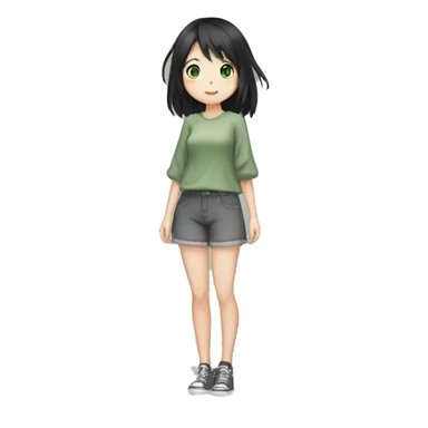 An anime-style girl with black hair down to her belly and gray-green eyes waves her hand sticker