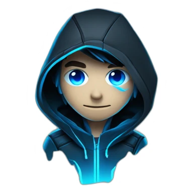 Young developer behind his laptop with this style : Crytek crysis video game neon glowing bright blue character blue black hooded assassin themed character sticker
