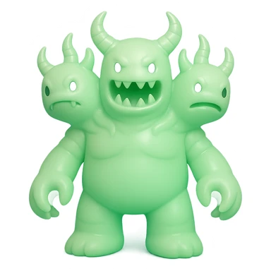 terrifying monster with multiple heads, twisted horns, clawed hands, eerie green glow, vinyl figure style sticker