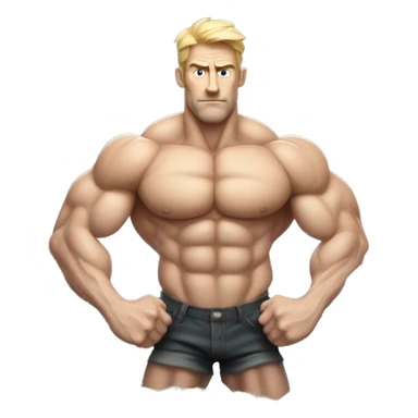 A very very very hyper-muscular white man with veins prominently visible across his arms and chest. The individual has an exaggerated physique, with massive arms crossed over a well-defined six-pack, creating a surreal and intense visual. sticker