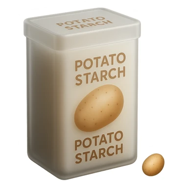 Make the potato starch box match the form and proportions of the reference image: a tall, rectangular box with a flat top and rounded edges, similar to the cornstarch box shown. Keep the box beige or pale yellow, with a potato illustration and the label 'POTATO STARCH' in warm-colored letters. Minimal, clean, 3D, soft lighting, transparent background, emoji scale. sticker