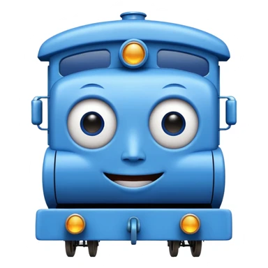 An square blue train with a human face at the front sticker