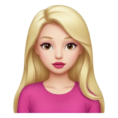a girl with long eyelashes a pink outfit, long blonde hair, and big lips with red lipstick sticker
