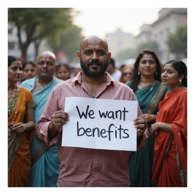 group of indian customers holding a board written "We want benefits" sticker