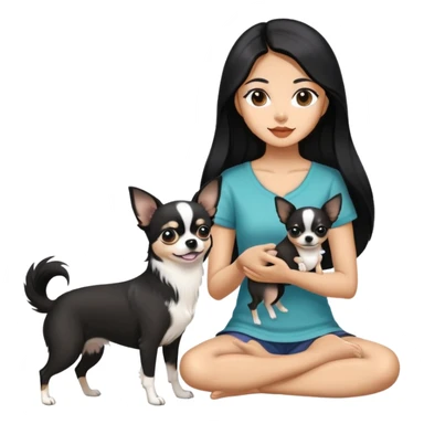 Thai woman with flowing black hair playing with a black and white Chihuahua dog sticker