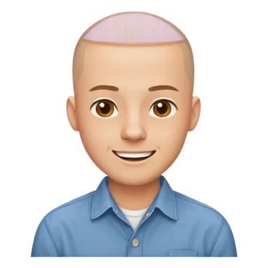 man in his 30s, shaved head, wearing a button-up shirt, cheerful expression sticker