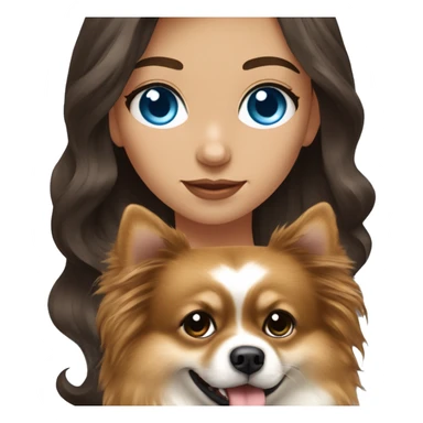 brunette long wavy hair girl blue eyes with Pomeranian sticker