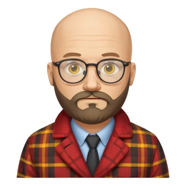 Un profesor calvo, que tenga barba abundante, lleva gafas con el cristal de color amarillo y un abrigo de cuadros rojo sticker