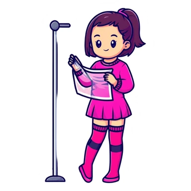 Cute girl character in stockings adjusting fashion accessory, bright pink gradient, transparent glass style with highlights sticker