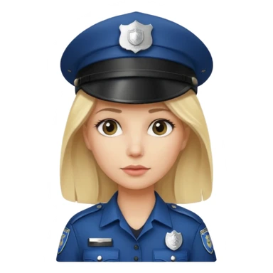 A blonde woman wearing a dark police hat with a silver badge, looking straight ahead with a calm expression. sticker