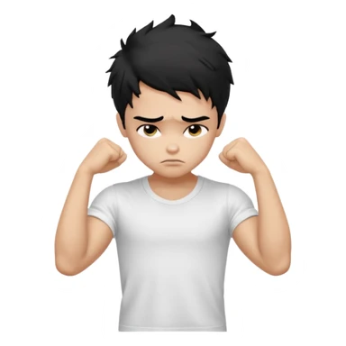 a PRETTY BRATZ boy with black messy hair, one hand on head. looking sad. lean biceps sticker