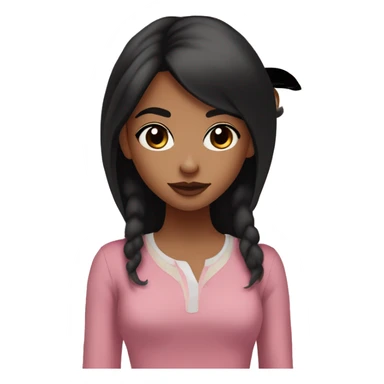 cute teenage girl with strahight black hair and black eyes having a medium-brown skin tone. She wears modest clothing, avoiding revealing styles. Her facial features, particularly around the mouth are welldefined, and she is wearing pink lipstick sticker