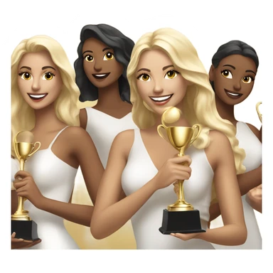 Six beautiful and elegant blonde and Latina models celebrating with 1 huge gold trophy sticker