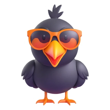Make the bird emoji more emoji-like with a smooth, shiny 3D look, vibrant colors, and an expressive face. Keep the same pose, orange beak, and round sunglasses. Bird with a big smile. No background. Style should match modern emoji aesthetics. sticker