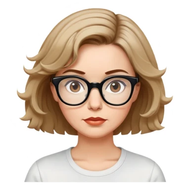 white woman in 50s, light warm skin, short messy bob with some waves, medium brown hair, big black thick glasses, white t-shirt, focused and serene look sticker