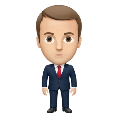 figure of Emmanuel Macron with an oversized head and small body, standing, wearing a dark navy suit and red tie, highly recognizable face, simplified details sticker