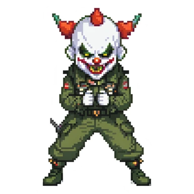 evil clown soldier, bald, short devil horns on forehead, fangs, pointed ears, black and military green clothes, fighting stance sticker