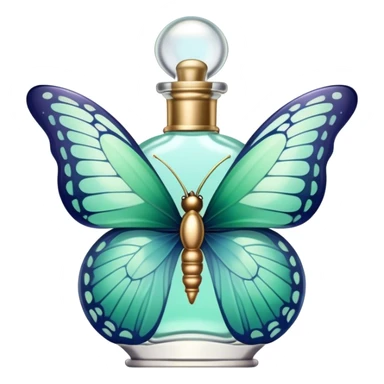A delicate butterfly with pastel green and blue wings resting on a vintage glass perfume bottle with golden details. sticker