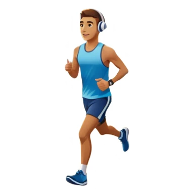 A runner wearing sports headphones jogs along a scenic waterfront promenade. The path is lined with trees, and the calm water reflects the golden hues of sunrise. In the background, a city skyline and distant mountains create a picturesque view. Transparent background enhances the motion. sticker