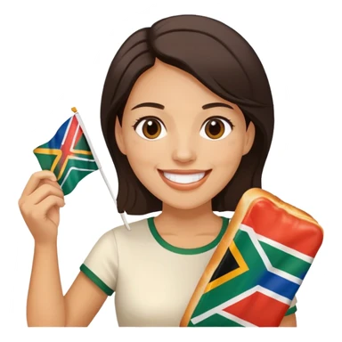 White Lady with son ( dark hair) eating white bread and holding South African flag  sticker
