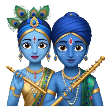 Radha and Krishna together as emoji, Krishna with blue skin, peacock feather, flute, Radha in traditional attire sticker