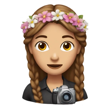 woman with brow hair, flowery hairband and camera sticker