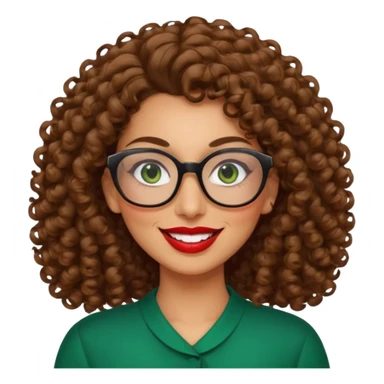 40 yr old Iranian woman, light brown very curly thick hair, shoulder length hair, green eyes, tan skin, big smile, big glasses sticker