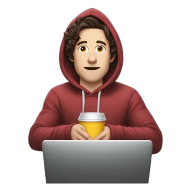 Bighead josh brener from silicon valley in hoodie sittin on a computer chair holding a big gulp sticker
