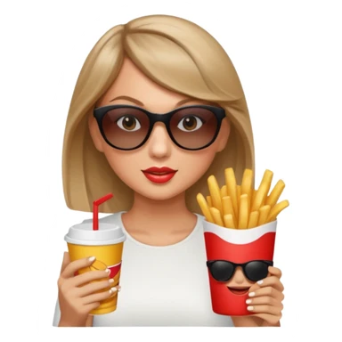 Taylor Swift, wearing sun glasses,  holding a cup of fries





































 sticker