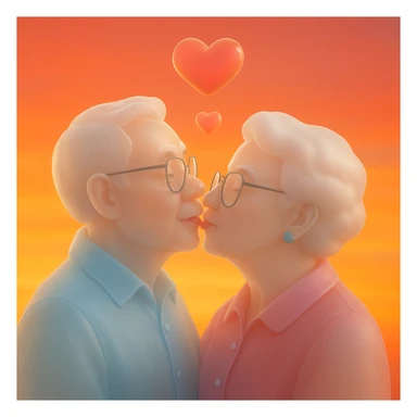 Add a vivid sunset background behind the elderly couple sharing a playful kiss, keep realistic 3D style, vibrant colors, loving atmosphere, warm sunset hues enhancing the affectionate moment. sticker