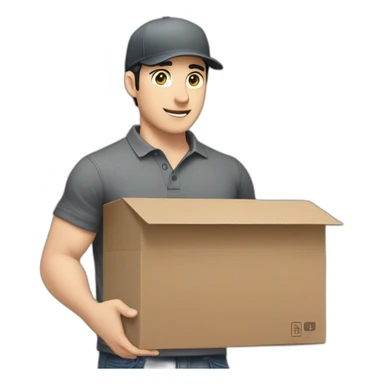 Pale skinned fit Man with black hair in a gray cap and dark gray polo T-shirt keeping a packed box into his hands sticker