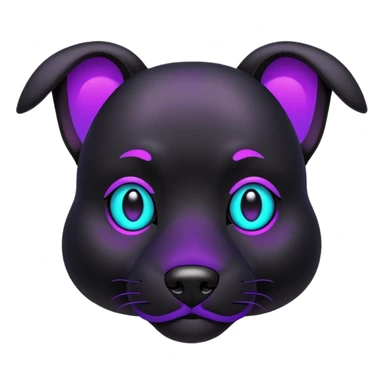 futuristic glowing black dog emoji, neon cyan eyes, purple #8B5CF6 highlights, tech minimal style, dark background sticker