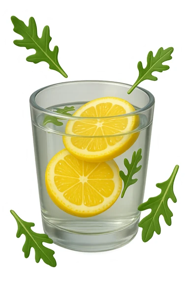 emoji stile iphone 3d di un bicchiere di acqua con limone e qualche foglia di rucola che fluttua intorno in aria, iperrealistico 4k sticker