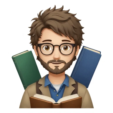 generate an ios genmoji of a fair 20 year guy with faint beard, spectacles, messy hair, books in hand sticker