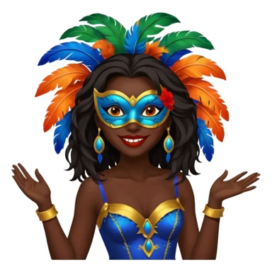 i need the same girl in "dark skin girl, dark red lipstick, nails very beautiful" to be smiling in "carnival mas costume, blue, green and orange preferably, full costume feathers at the back" she is to be smiling, hair should be dark shoulder length, black nail polish on her fingers  sticker